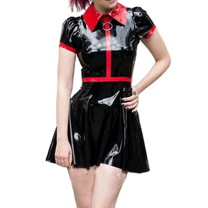 Wetlook PVC Patchwork Turn-Down Neck Minikleid für Damen Slim Fit A-Linie Kleid - Bild 1 von 10