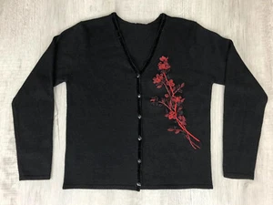 Vintage Embroidered Blouse Cardigan Black Red Floral Womens M See Photos For Fit - Picture 1 of 12