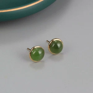 A22 Orecchini Argento 925 Placcato Oro Semplice Rotondi Verde Giada Orecchini - Foto 1 di 10