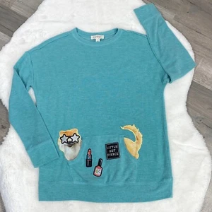 Jessica Simpson Youth Sweater Girls Large Teal Front Pocket Dog Glam Pullover - Picture 1 of 11