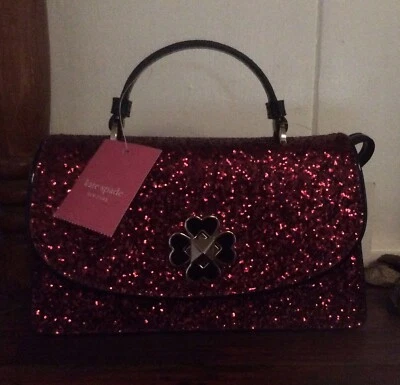 NEW Kate Spade Odette Glitter Mini Top Handle Satchel Bag -Black Cherry Reg $249 - Image 1 of 3