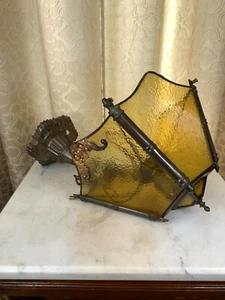 Vintage Brass Amber glass craftsman style hanging lamp chain ceiling mount - Picture 1 of 12