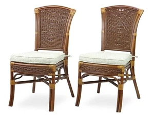 Set of 2 Alexa Dining Side Chair Natural Rattan Handmade w Cushion, Dark Walnut - Picture 1 of 8