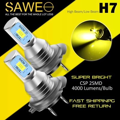 2 x H7 LED Headlight Bulbs Conversion Kit High Low Beam Fog Light 3000K Yellow - Image 1 of 4