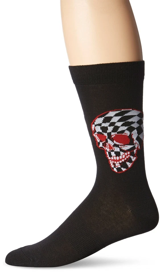 K.Bell Black Men's Checkered Skull Novelty Fun Gift Crew Sock w/Arch Support - Image 1 of 1