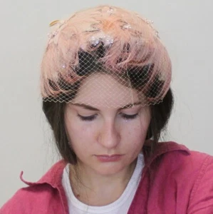 Vintage 50s Sheer Pink Hat with Veil Feathers Velvet Bow - Picture 1 of 11