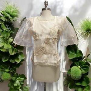 Embroidered Blouse Silk Lace Lined Filipiniana Wedding Maria Clara Mestiza L - Picture 1 of 8