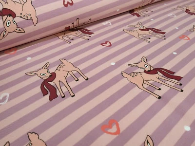 Stoffrest 36x150cm Baumwolle Jersey Streifen Reh Kitz Herzen rosa flieder - Bild 1 von 4