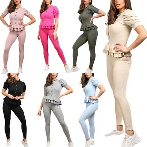 Womens Gold Button Frill Hem Peplum Sleeve Top Legging Loungewear Set Tracksuit - Picture 1 of 31