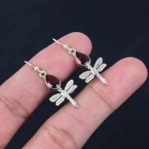 Garnet Gemstone Solid 925 Sterling Silver Dragon Fly Earring Jewelry Gift E-309 - Picture 1 of 4