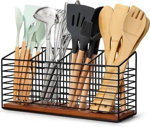 Large Kitchen Utensil Holder with 4 Compartments, Black Metal Kitchen Cooking - Picture 1 of 8
