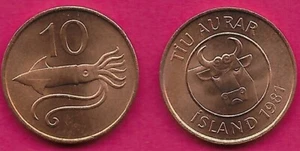 ISLAND 10 AURAR 1981 UNC BULLEN KOPF IM KREIS, FLIEGENDER SQUID UND WERT - Bild 1 von 1