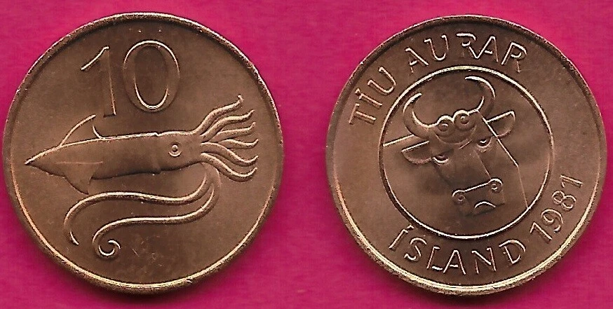 ILANDIA 10 AURAR 1981 CABEZA DE TORO SIN CIRCULAR MIRANDO DENTRO DE CÍRCULO, CALAMAR VOLADOR Y VALOR Foto 1 de 1