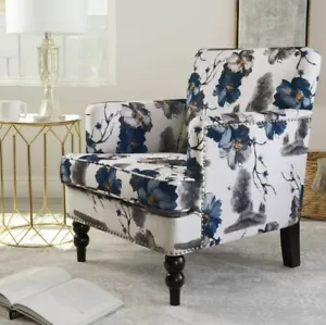 Floral Accent Arm Chair Living Room Upholstered Club Blue Fabric Wing Back Print - Picture 1 of 12