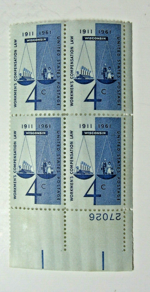 1961 Workmen's Compensation  Law - Wisconsin 4 Cent U.S. Block of 4 Stamps - Image 1 of 1