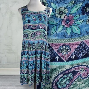 Vintage 90s Bila Casual Rayon Gauze Dress Size S Blue Boho Paisley Panel Print - Picture 1 of 13