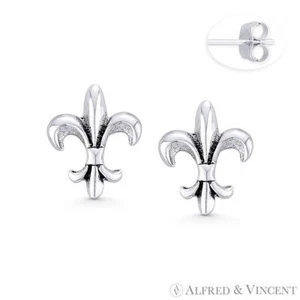 Fleur-De-Lis Flower New Orleans Mardi Gras Stud Earrings in 925 Sterling Silver - Picture 1 of 1