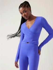 Athleta Small Transcend Chrome Blue Wrap Top Yoga Pilates Stretch UPF 50+ Lycra - Picture 1 of 11