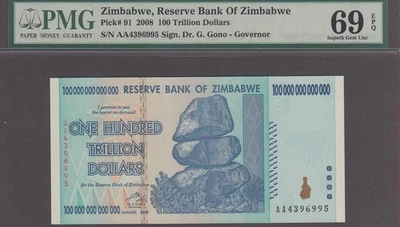 Zimbabwe  100 Trillion Dollars P-91  2008 PMG 69 EPQ - Image 1 of 2