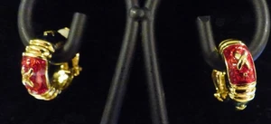 Vintage Joan Rivers Clip Earrings, Red, Green, & Blue in Gold Hoops - Picture 1 of 9