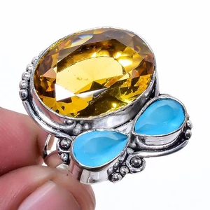 Aaa+++ Citrine & Blue Onyx Gemstone Silver Plated Jewelry Ring s.8.5 T272 - Picture 1 of 5