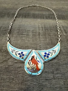 Rare Dennis Nancy Edaaki Inlaid Cardinal Sterling Zuni Necklace Turquoise Coral - Picture 1 of 13