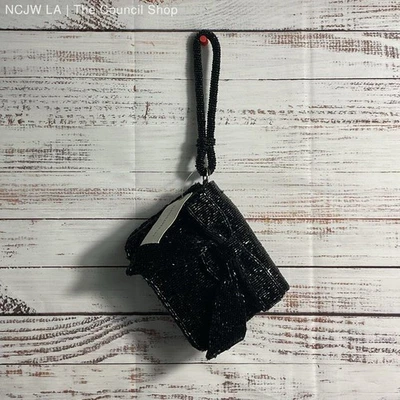 NWT Anthropologie Black Beaded Bow Wristlet Clutch Purse - Image 1 of 4