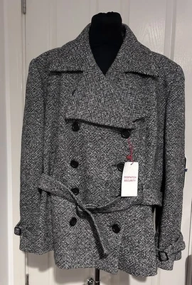 Plus Size 26 Black And White Wool Blend Pea Coat Double Breasted With Belt BNWT - Image 1 of 4
