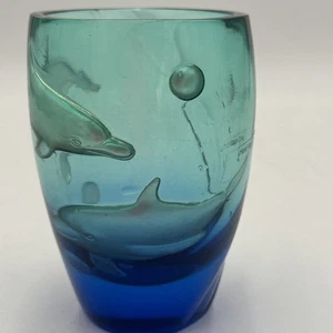 Glass Etched Dolphin Vase Cup Beautiful Colors Collectible - Picture 1 of 23
