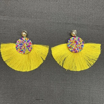 Fringe Fan Earring Multicolor Beaded Yellow Tassel Boho Dangle Drop Pierced Ears - Image 1 of 4