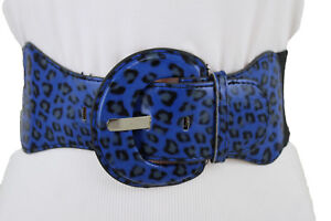 Women Fashion Wide Blue Belt Elastic Leopard Cheetah Animal Print Size M L XL