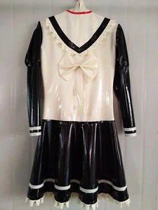 100% Pure Latex Rubber Student uniform dress bow Lace Dress 0.4mm Zip S-XXL - Picture 1 of 5