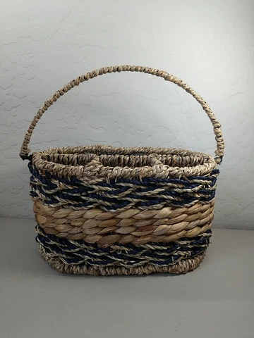 Heavy Duty Wicker Rattan Rope Utensil Cutlery Basket Picnic 4 Compartment Blue Cover