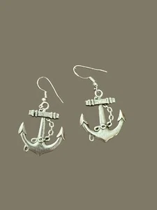 Silver tone anchor earrings dangle drop hook chain 1.5" nautical cruise vacation - Picture 1 of 3
