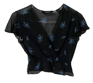 Express 100% Silk Shirt Blouse Juniors Size 3/4 Sheer Black Floral Top Shirt - Picture 1 of 10