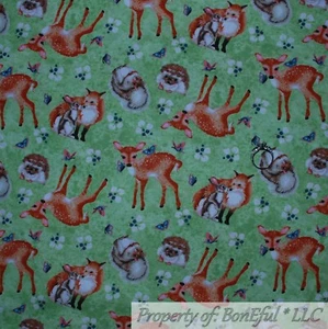 BonEful Fabric FQ Cotton Quilt Green Grass White Brown Farm Bunny Hedgehog Deer - Picture 1 of 12