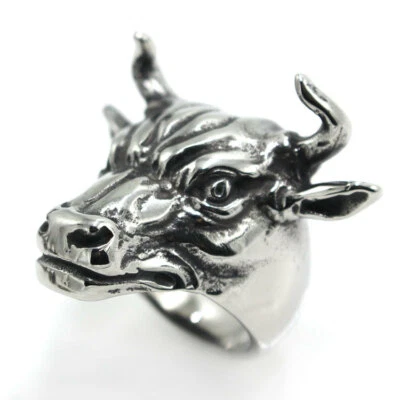 Stainless Steel Men's Bull Head Ring Ox Horn Powerful Punk Ring Vintage Biker - Image 1 of 4