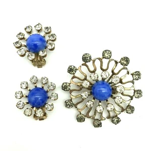 Sputnik Brosche Ohrringe Set Blume blau Glas Strass - Bild 1 von 12