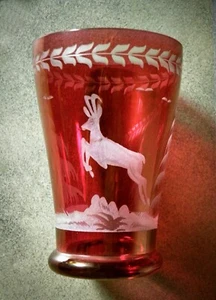 Antique 19th Century Bohemian Ruby Flashed Glass Beaker. Engraved Deer & Pines. - Picture 1 of 9
