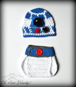 Baby R2D2 Ciencia Ficción Crochet Sombrero y Pañal Cubierta Ganchillo Star Wars Sombrero-Ganchillo Gorro - Imagen 1 de 2