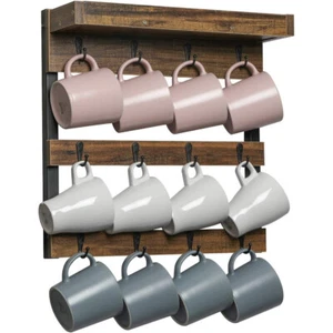 Industrial Coffee Mug Holder Wall Mounted Cup Tree Rack 12 Hooks Storage Shelf - Picture 1 of 13