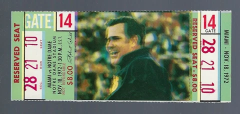 1972 NCAA MIAMI HURRICANES @ NOTRE DAME FIGHTING IRISH FOOTBALL FULL TICKET Cover