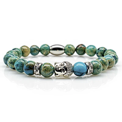 Jaspis Armband Bracelet Perlenarmband Buddhakopf silber 8mm Edelstahl Strass - Bild 1 von 2