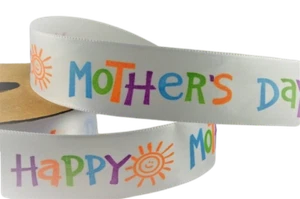 Happy Mother's Day Satin Ribbon - White with Colourful Design - 25mm Wide - Picture 1 of 3