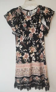 Rare Editions Girls Black dress floral design lace hem Casual Size 12 - Picture 1 of 6