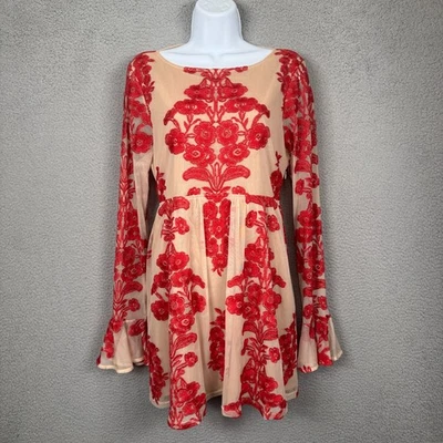 For Love & Lemons Dress Womens L Red Temecula Sheer Floral Boho Festival Fairy - Image 1 of 4