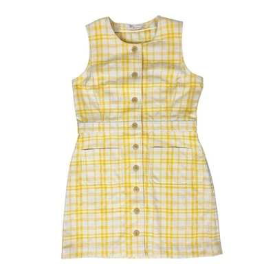 Mini Vestido Tory Burch Talla 14 Amarillo Blanco A Cuadros Sin Mangas Botón Frontal Twee Foto 1 de 4