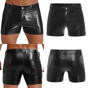 Men's Faux Leather Shorts Elastic Waist Shiny Vinyl for Party Rave Club Night - Picture 1 of 13