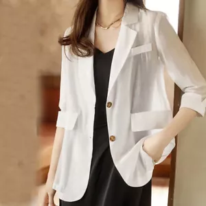 Femme Décontracté Costume Blazer Vestes Manteaux 3/4 Manche Arrière Ouverture - Foto 1 di 16