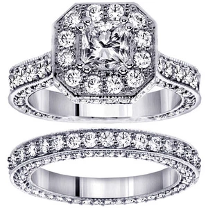 4.45 CT Princess Cut Designer Engagement Bridal Set in 18k White Gold (G SI1) - Picture 1 of 12